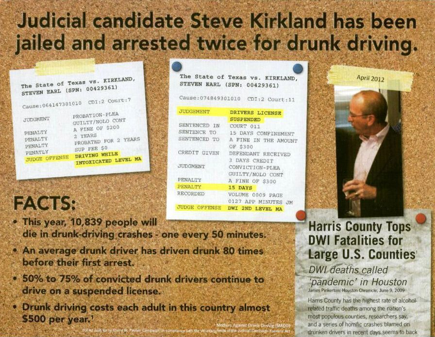 Fleming attack: Kirkland (with “drink” in hand) had attack ads railed against him by his opponent in 2012. The one above frames Kirkland as an active drinker with recent DWI charges, when in reality, Kirkland’s glass is filled with mineral water and he was 28 years sober when the ad was released.