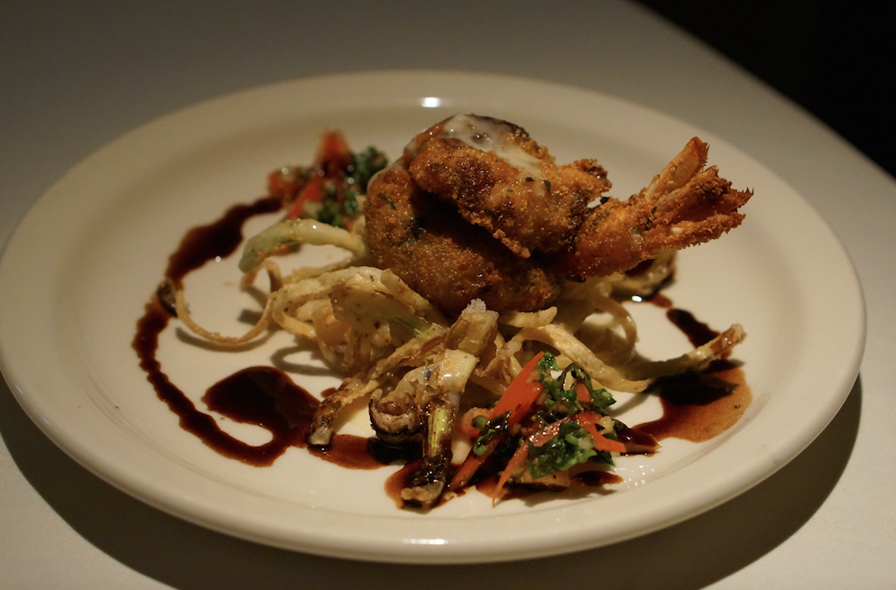 Shrimp and potato croquette with fried leeks in a lemon butter sauce. Photo: Joanna O'Leary
