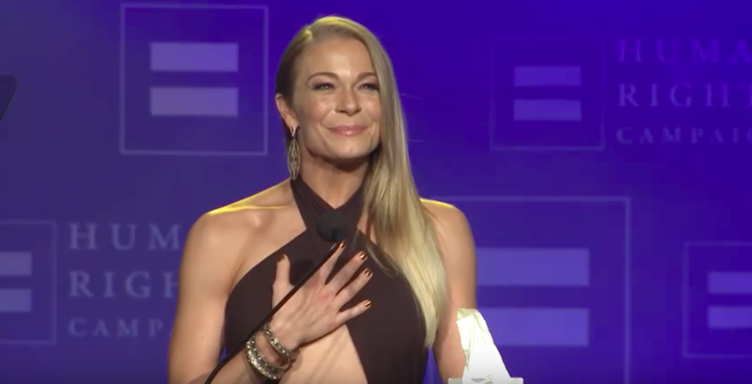 LeAnn Rimes accepts the Human Rights Campaign's Ally of Equality Award in Nashville earlier this year. (YouTube)