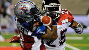 Arland Bruce #1 of the Montreal Alouettes (l) Photo: Richard Wolowicz/Getty Images